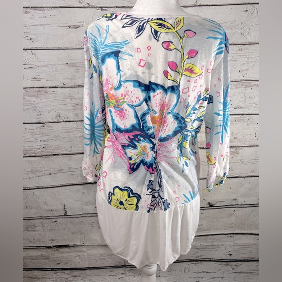 FRESH PRODUCE Tunic Top 3/4 Sleeves White/Gray Floral Print-Large - Picture 2 of 2